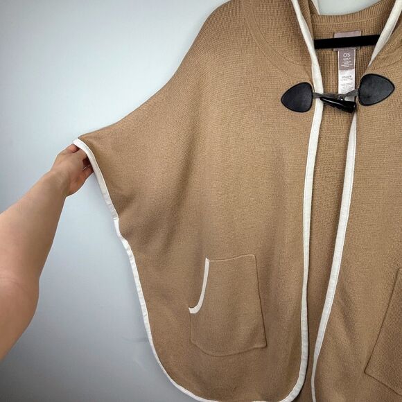 Chico’s Knit Poncho Cape Tan Cardigan Sweater Hooded Lagenlook Women One Size - Picture 3 of 15